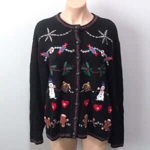 Tiara International Ugly Christmas Sweater Cardigan Holly Gingerbread Snowmen